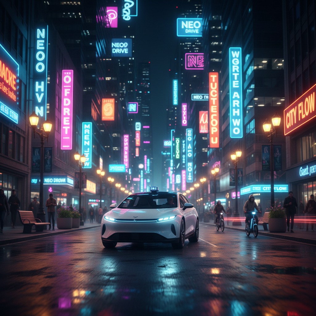 A white autonomous car drives down a wet city street at night under a canopy of glowing neon signs.